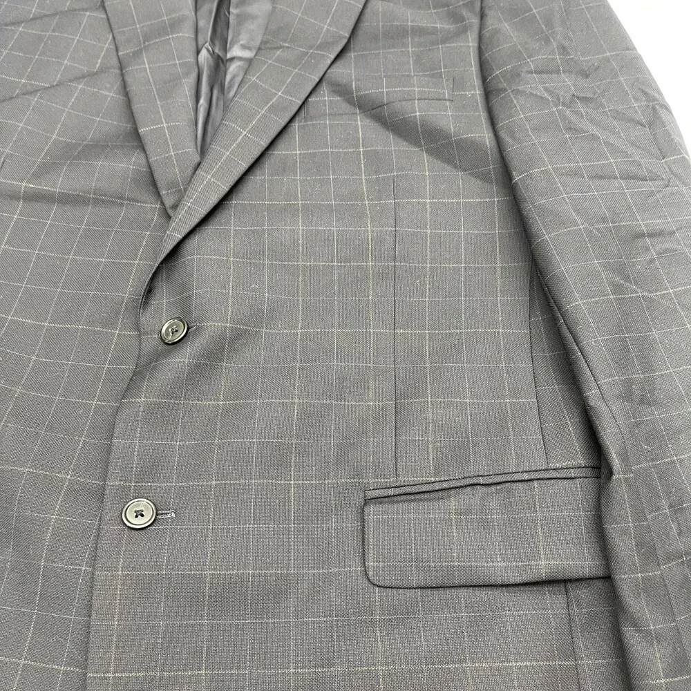 Jos A Bank Signature Collection Blazer Mens 46L Navy Windowpane Wool Jacket - Picture 2 of 9